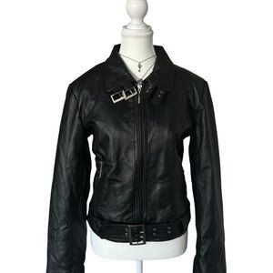 Y2K “Isaac Mizrahi” Black Leather Biker Style Zip-up Jacket with Buckle Detail